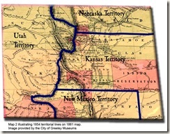 This map illustrates the 1854 territorial lines on the 1861 map. Image provided by the City of Greeley Museums.