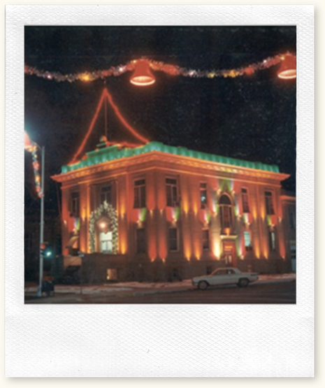 Polaroid of the Courthouse lit up