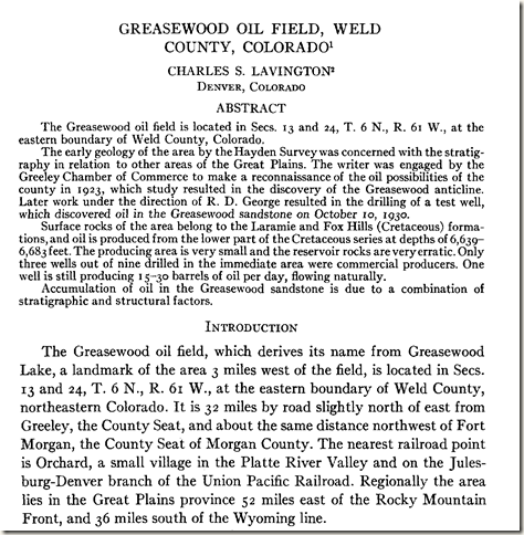 An excerpt of an article about the discovery of the greasewood oilfield.