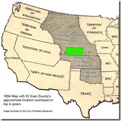 Map 1_Territory 1854. 1854 map with St. Vrain County's approximate location overlayed on top in green. Image provided by the City of Greeley Museum.