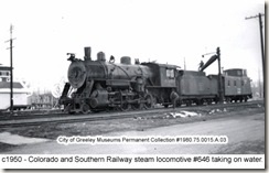 Colo & Southern Railway steam locomotive #646 taking on water. Photo courtesy of the City of Greeley Museums.