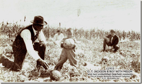 OT Jackson and boy with melon and two unidentified Dearfield residents