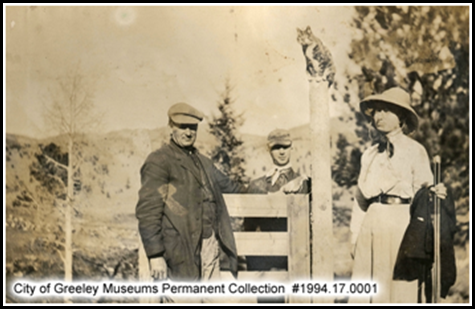 1911 – Leisure Time Roggen residents with cat on hunting excursion, L-R: Mr. Good, Joseph, Socks, and Alice Shawnee