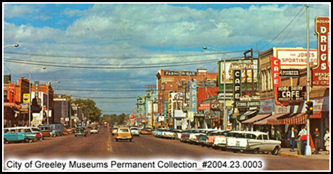 1959 – Greeley Downtown postcard, 8th Avenue looking north from 10th Street