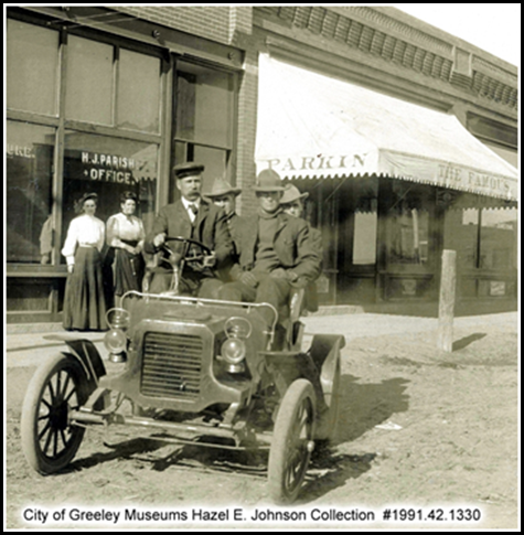 1905 – Johnstown’s First Auto; Town founder Harvey Parish is driving a one-cylinder REO automobile