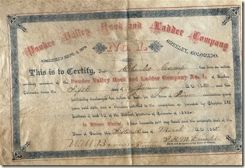 Poudre Valley Hook and Ladder Company certificate issued in 1885